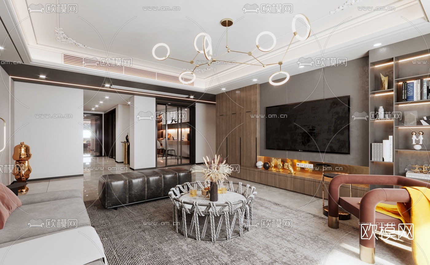 现代轻奢客厅餐厅3d模型
