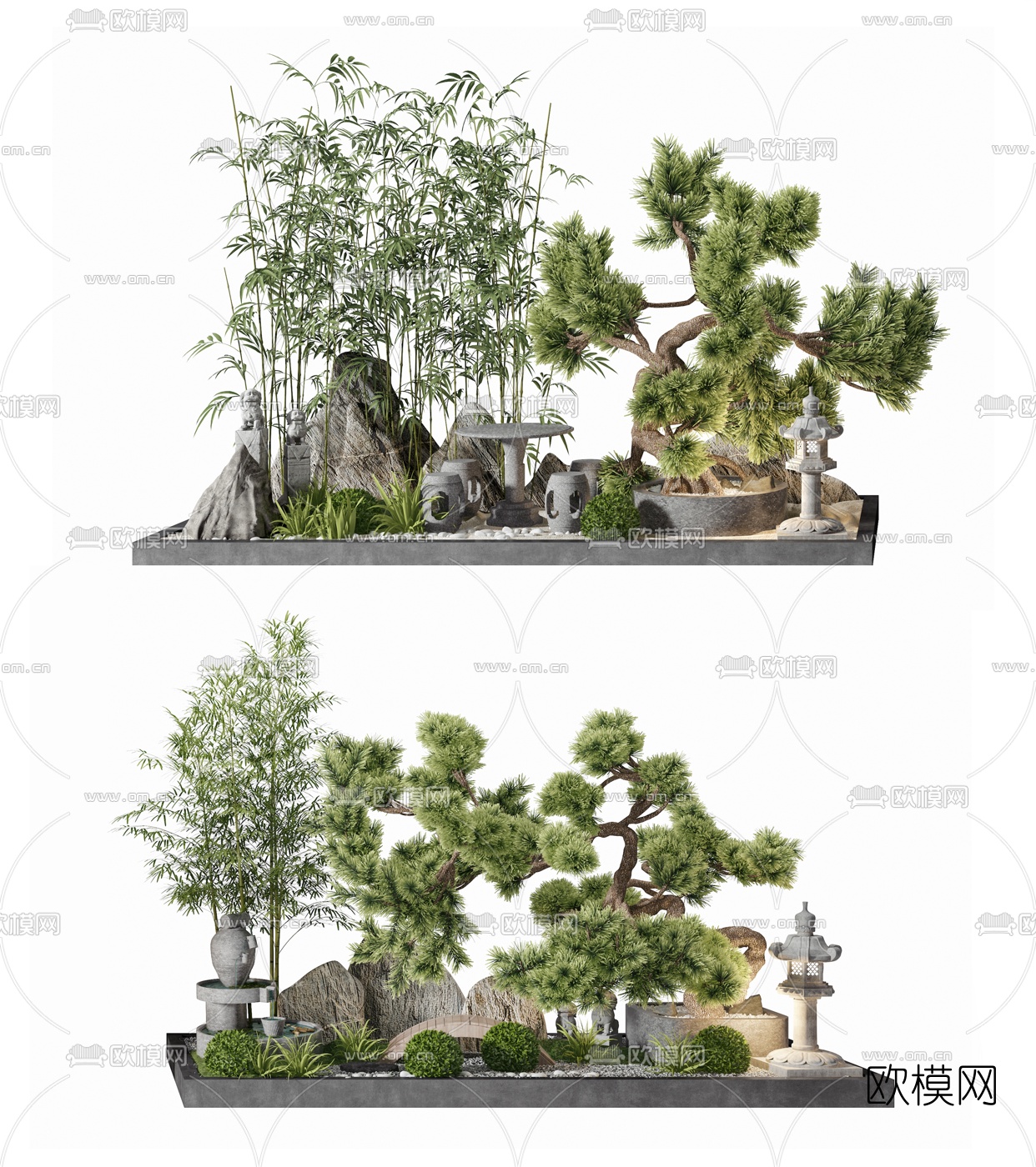 新中式松树翠竹景观小品3d模型