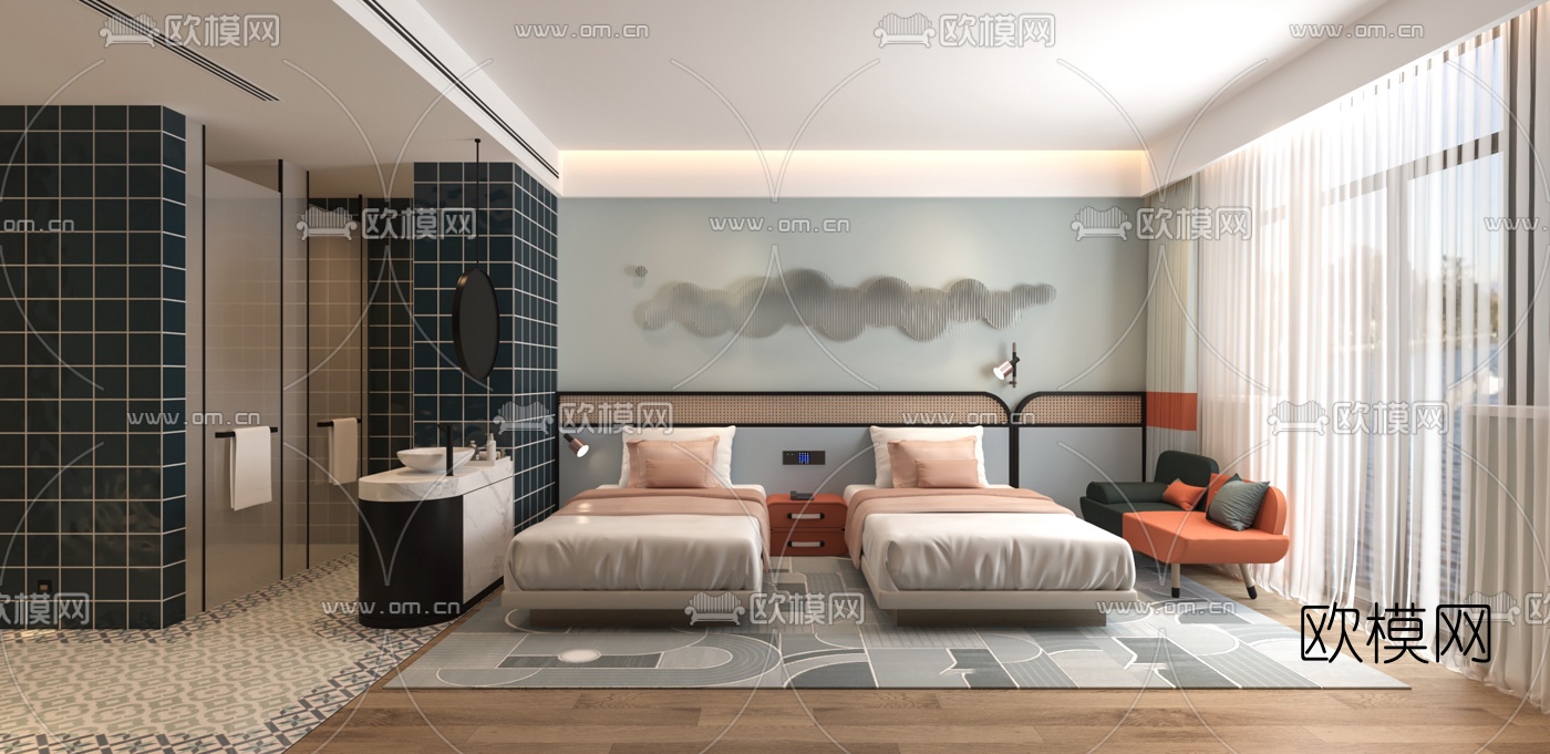 现代酒店客房双床房3d模型