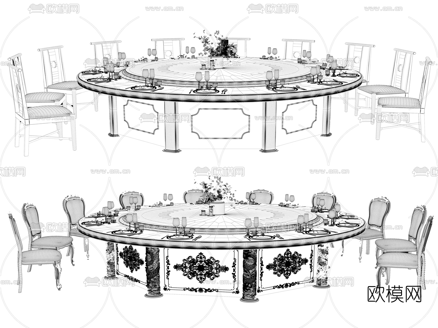 中式圆形雕花餐桌椅3d模型下载（渲染图2）