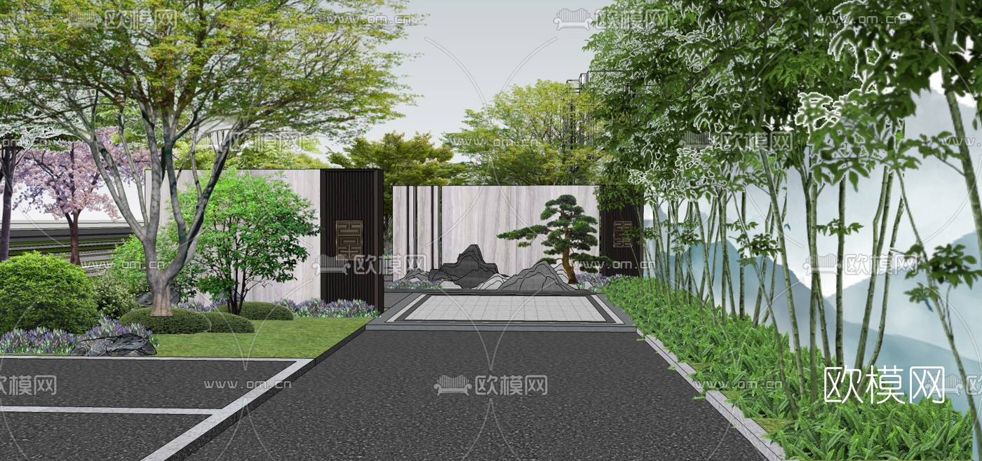 新中式园区园林景观su模型