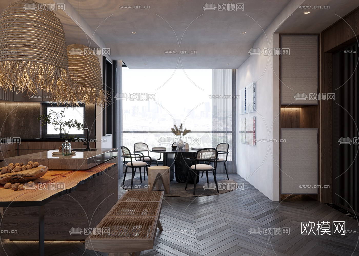 现代高级灰客厅餐厅3d模型