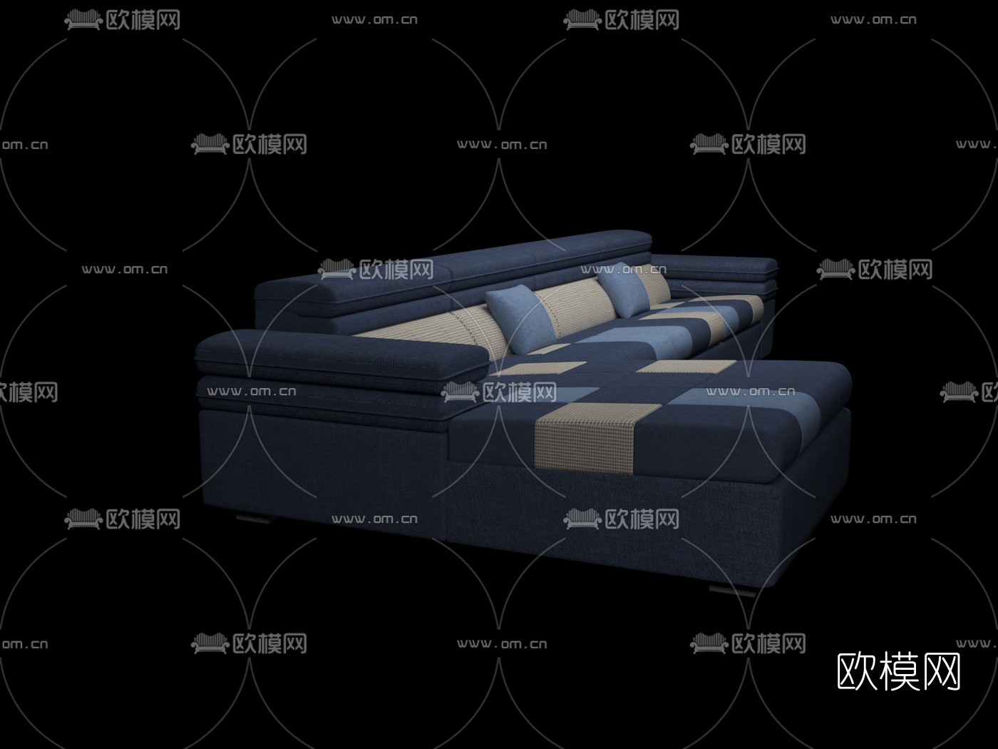 现代布艺转角沙发免费3d模型下载（渲染图2）