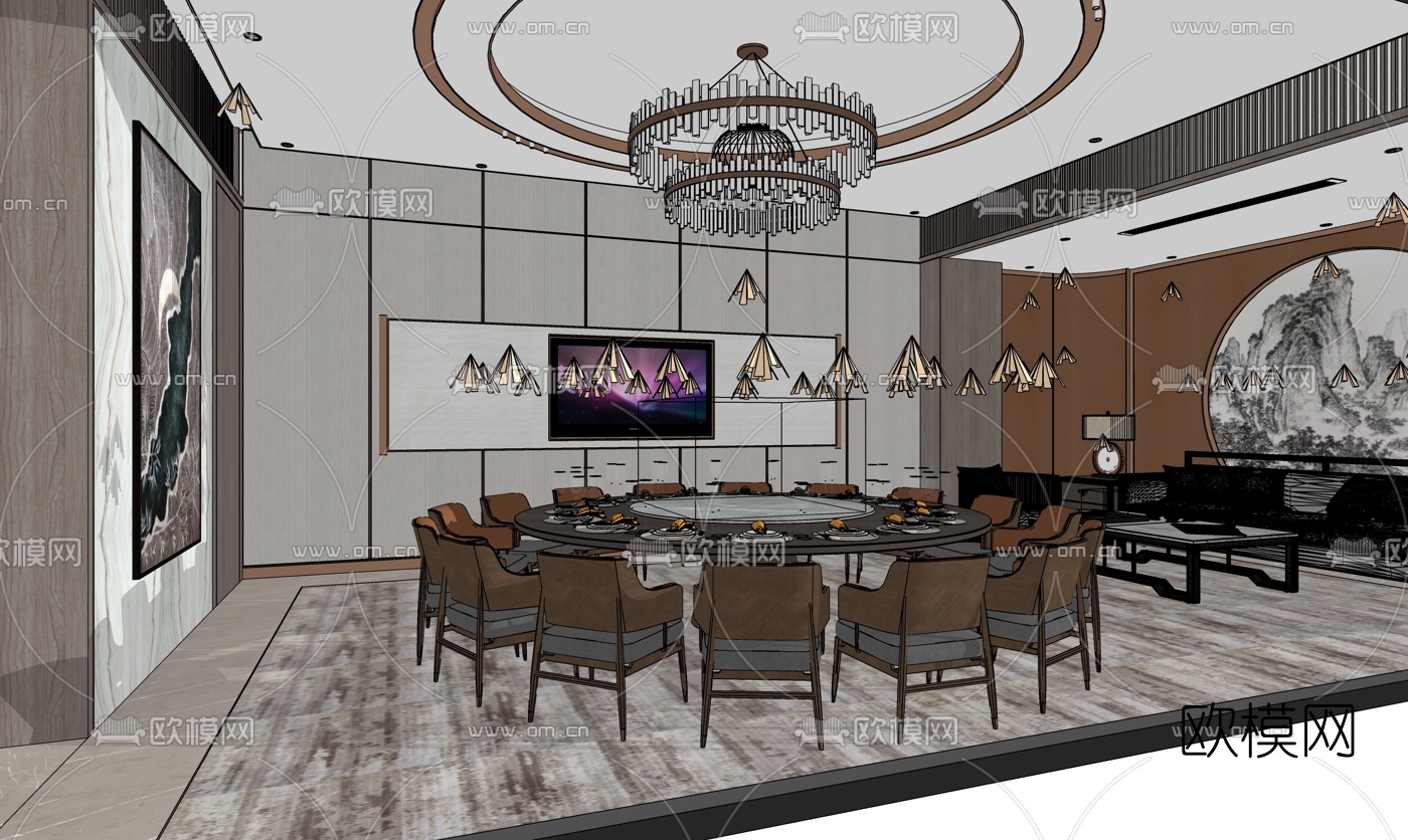 中式餐厅客厅su模型下载（渲染图2）
