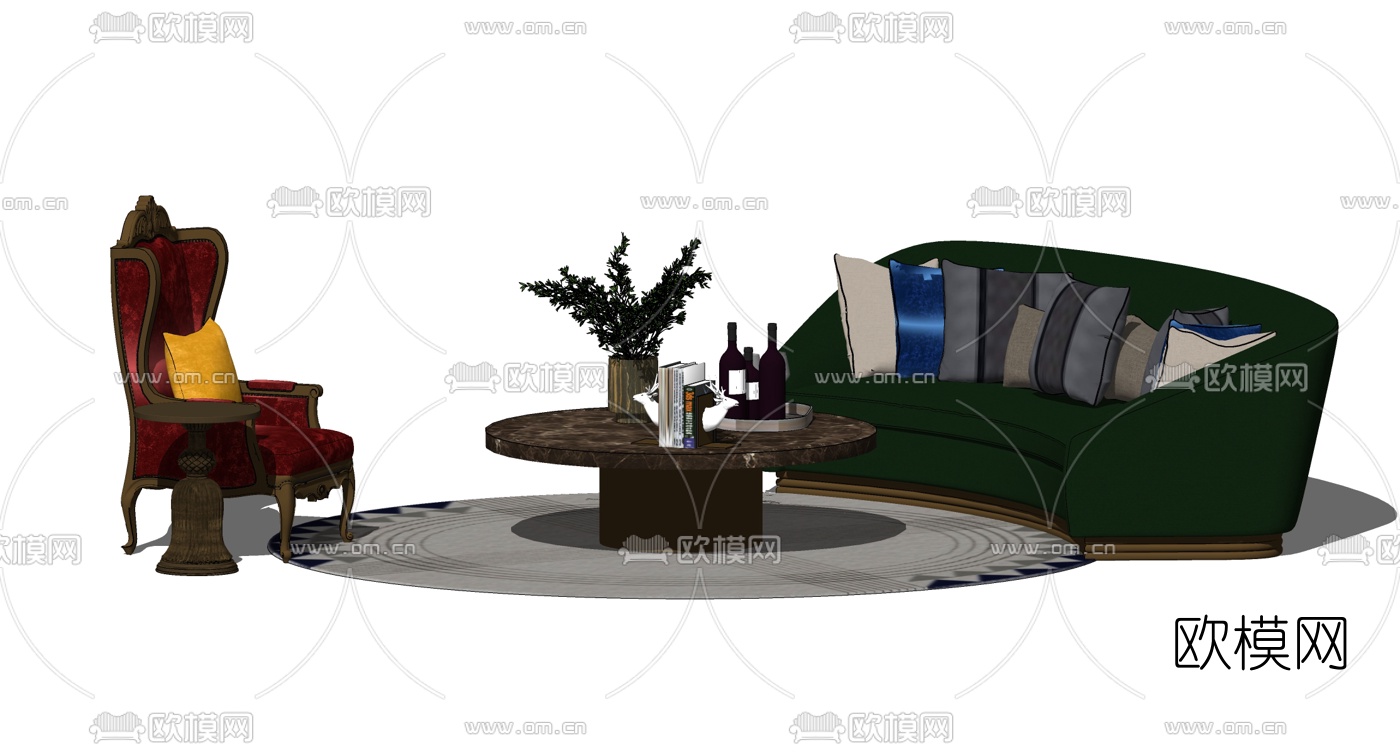 欧式布艺沙发组合su模型下载（渲染图2）