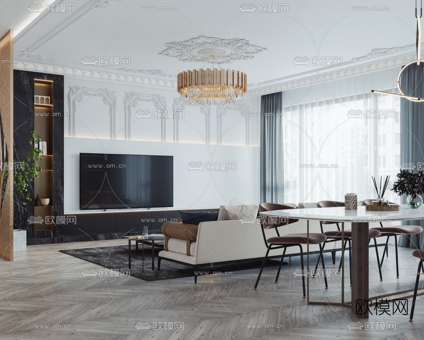 简欧客厅餐厅3d模型下载（渲染图2）