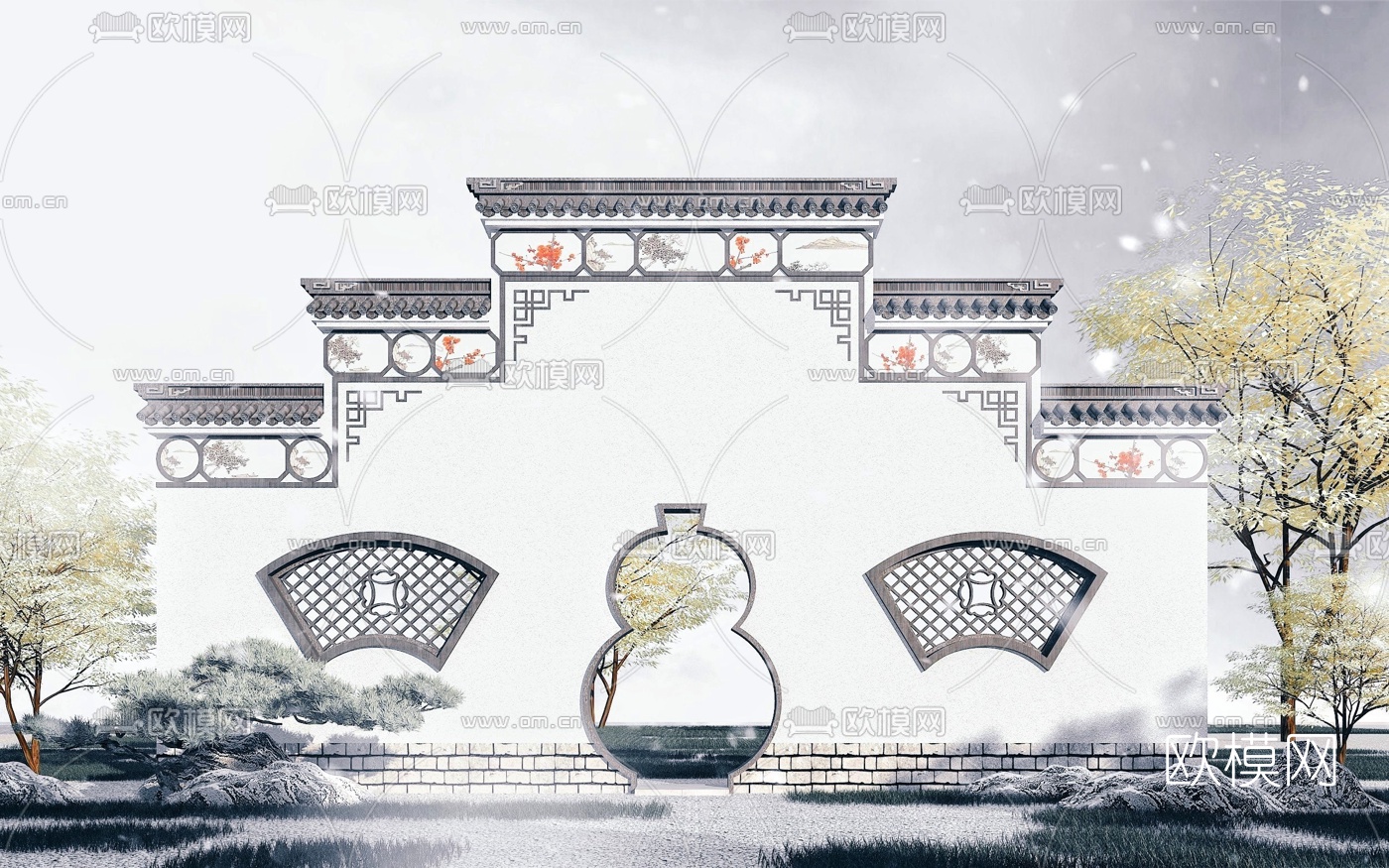 中式古建景墙葫芦门3d模型下载