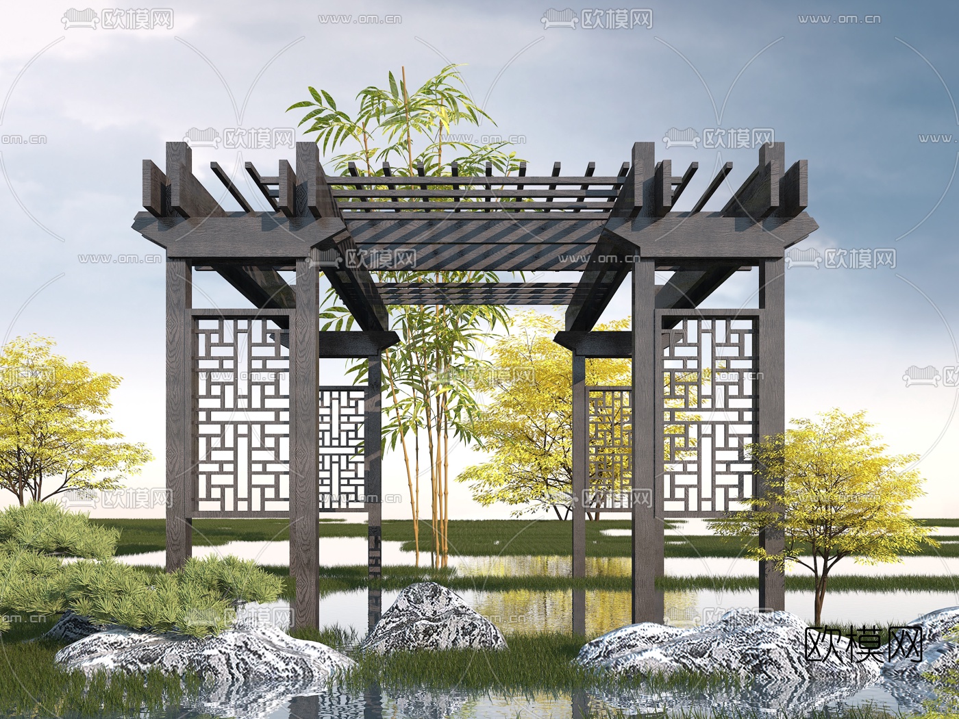 新中式花架廊架3d模型下载