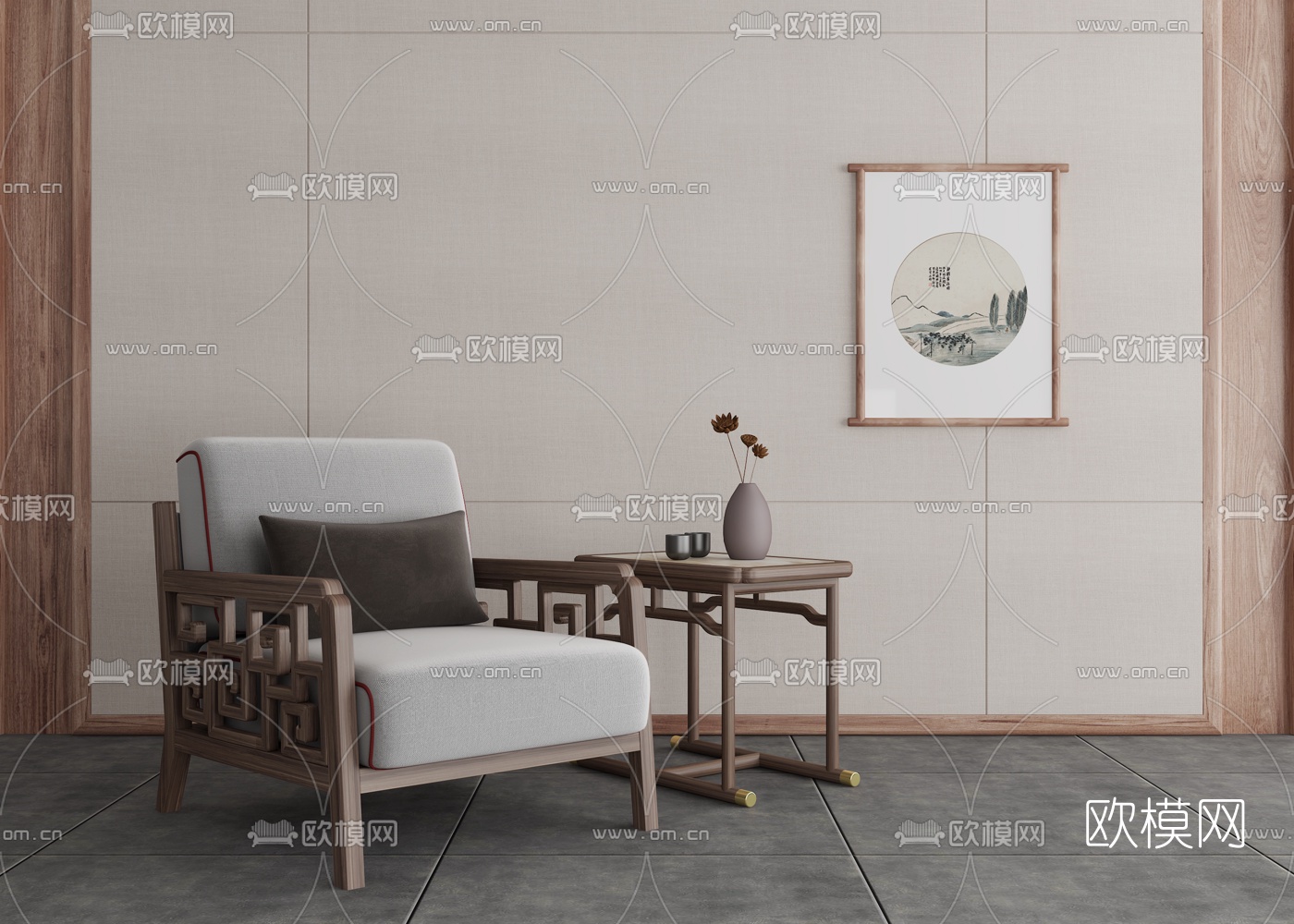 新中式布艺单人沙发边几3d模型