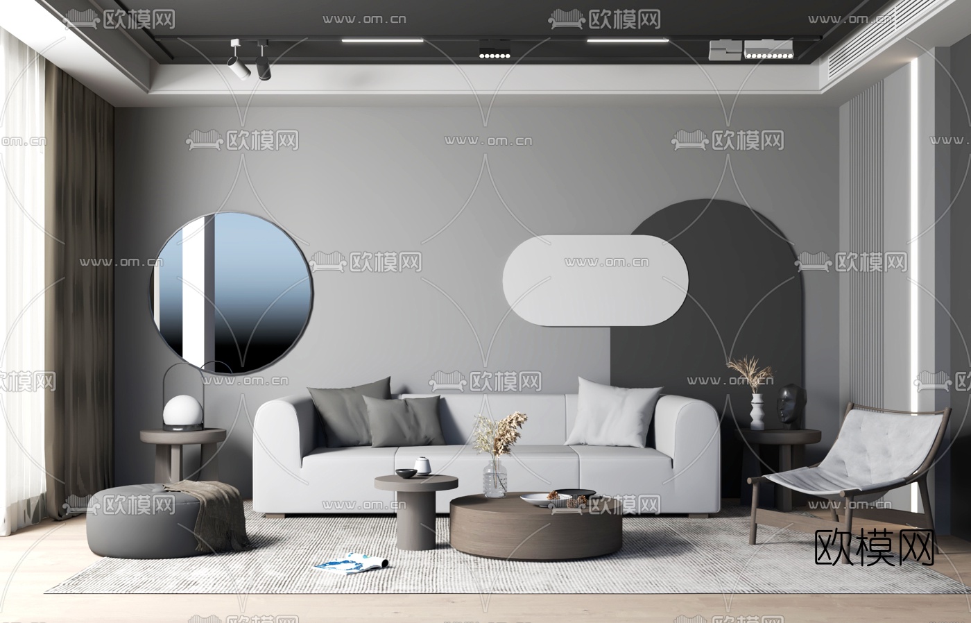 现代布艺沙发组合su模型下载（渲染图2）