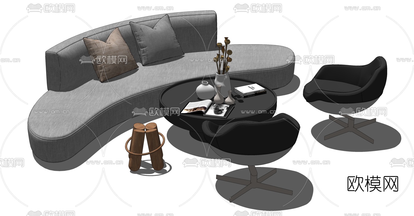 现代布艺组合沙发su模型下载（渲染图2）