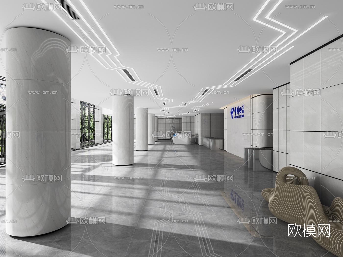 后现代电信局大堂前台3d模型下载（渲染图1）