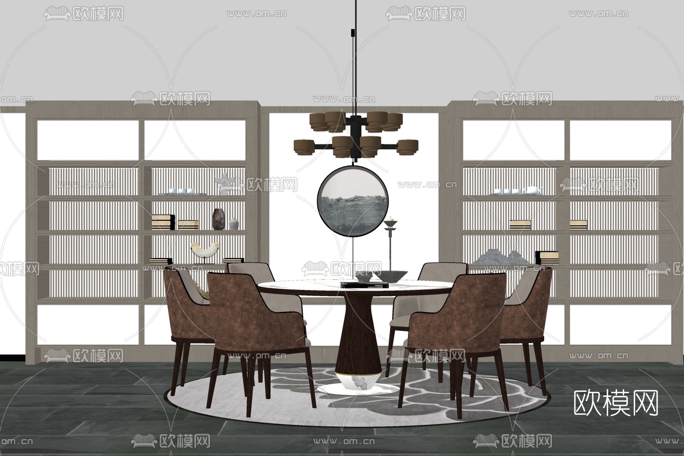 新中式圆形餐桌椅su模型
