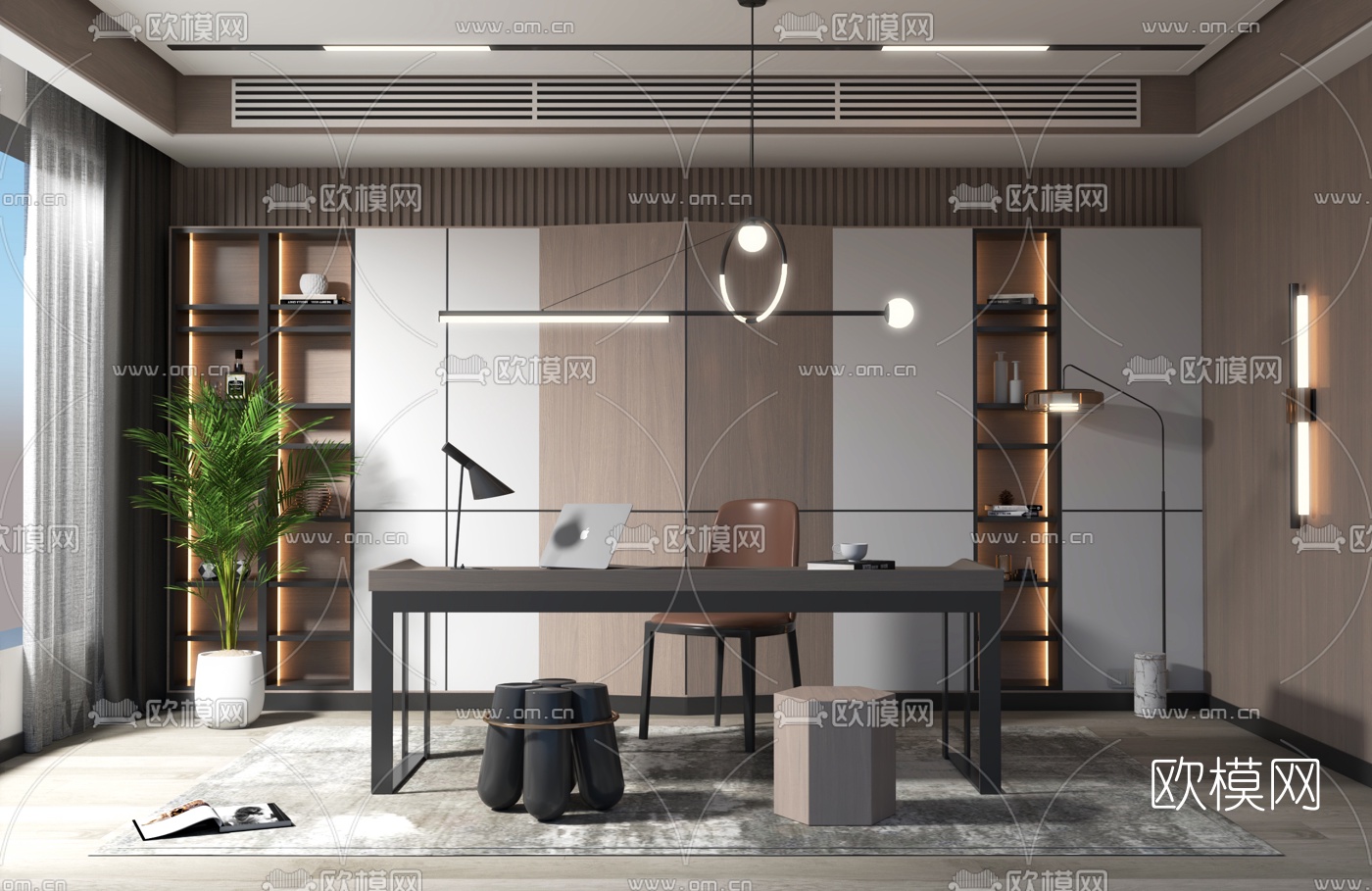 现代书房su模型下载（渲染图2）