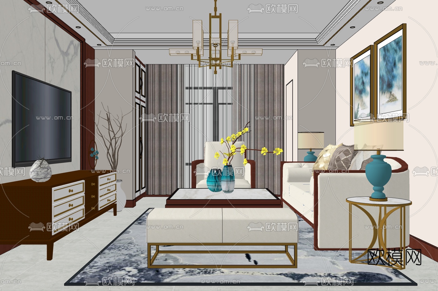 新中式客厅免费su模型下载