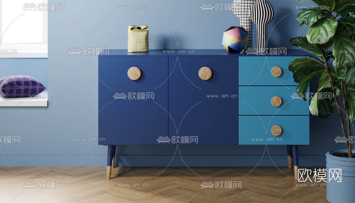 北欧马卡龙拼色边柜3d模型下载