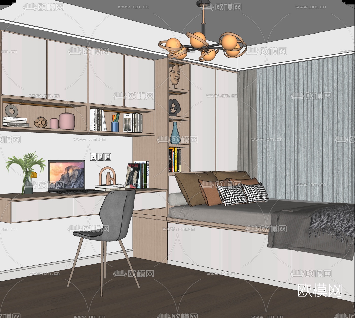 现代榻榻米卧室书房su模型下载（渲染图2）