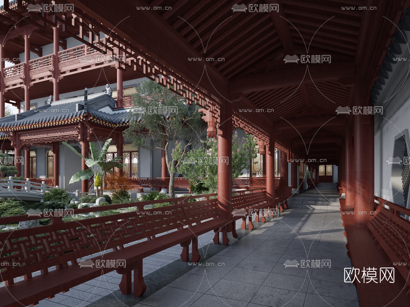 中式古建连廊3d模型
