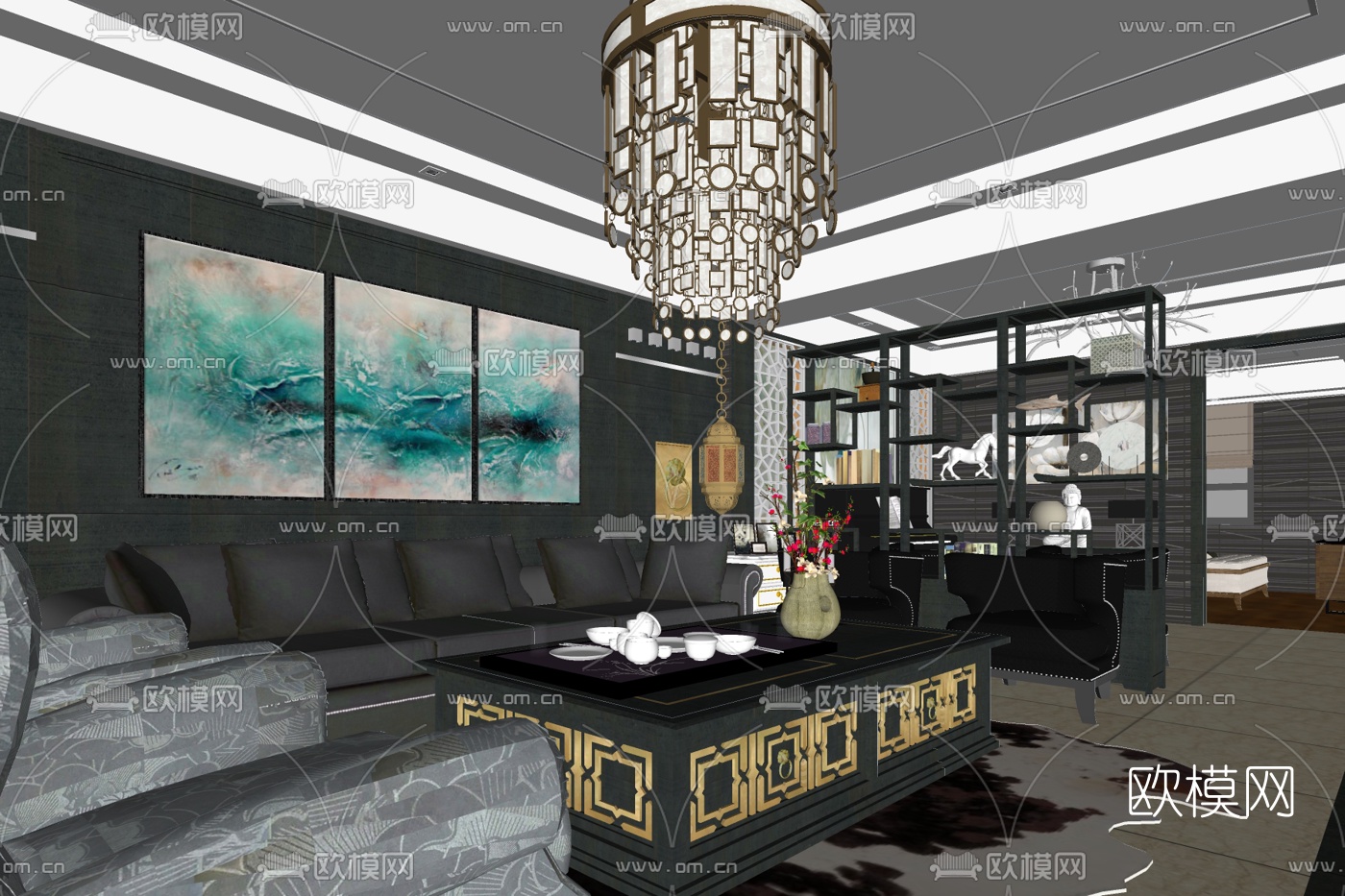 新中式客厅su模型下载