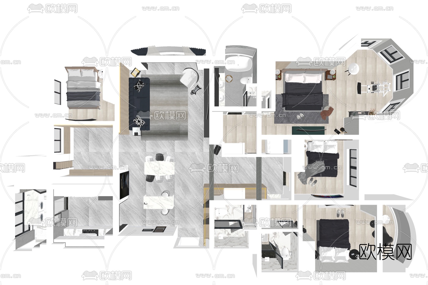 现代公寓整装免费su模型下载
