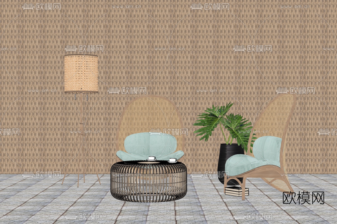 北欧藤编休闲沙发su模型下载