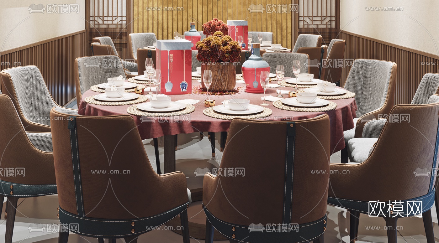 新中式餐厅包房3d模型下载（渲染图3）