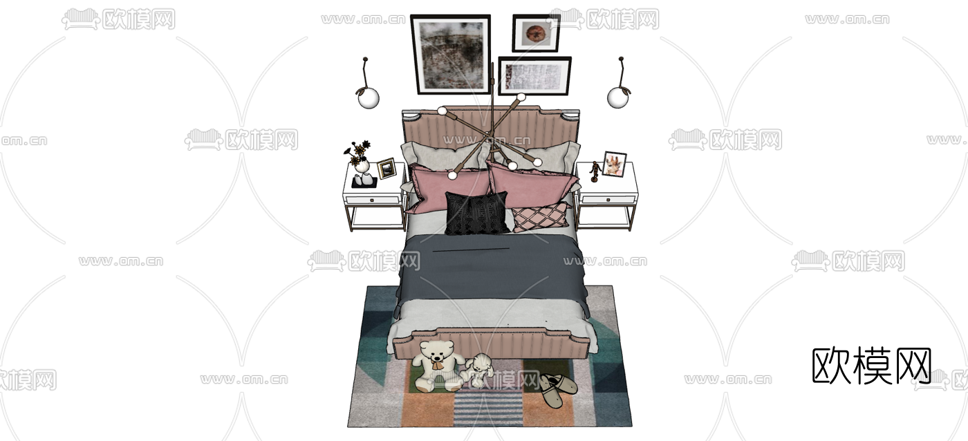 现代双人床su模型下载（渲染图3）