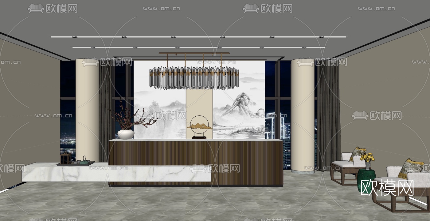 新中式酒店大堂前台接待区su模型下载