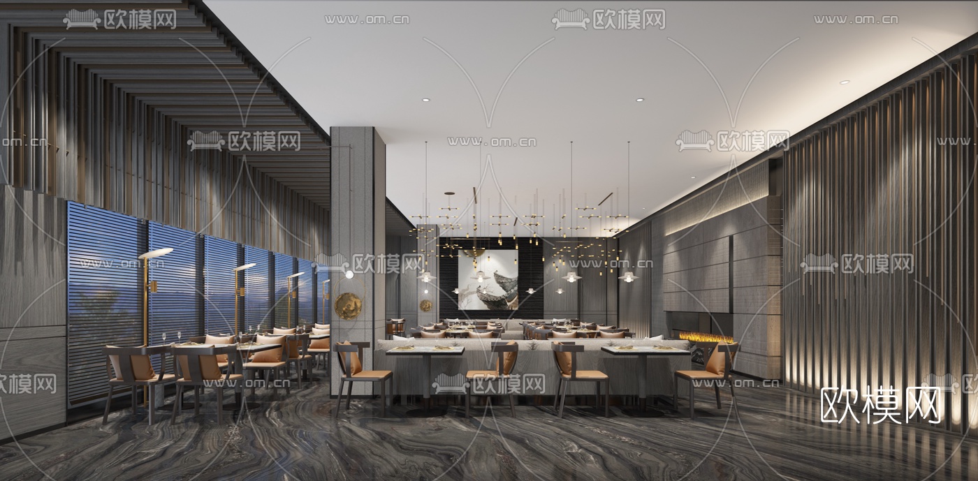 新中式轻奢酒店西餐厅3d模型