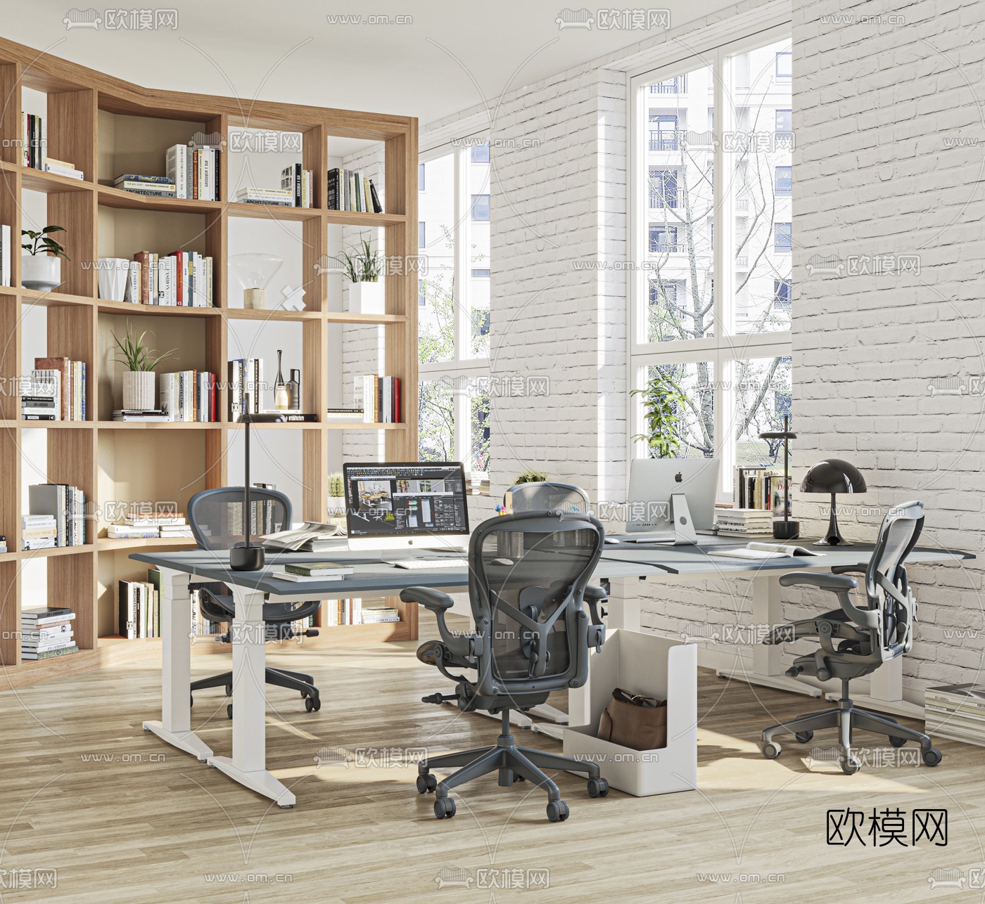 北欧屏风卡位办公桌3d模型下载（渲染图2）