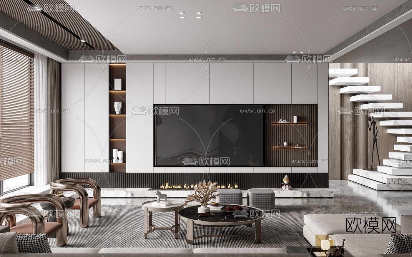 现代复式客厅3d模型下载（渲染图3）