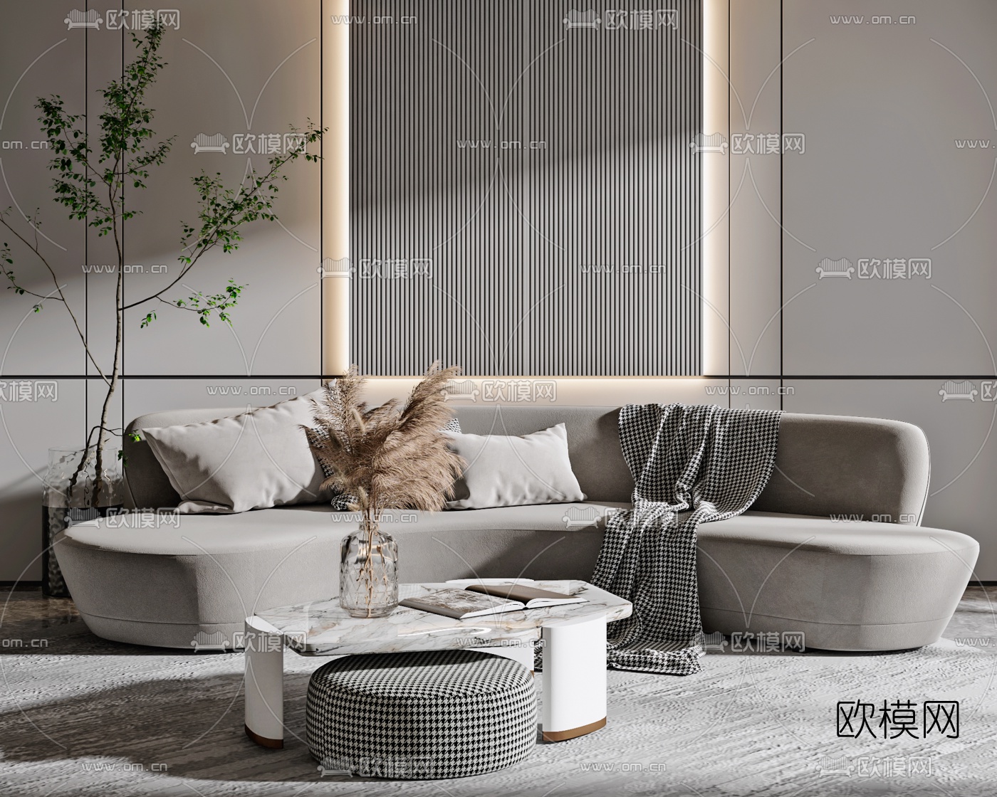 现代布艺弧形沙发茶几3d模型下载