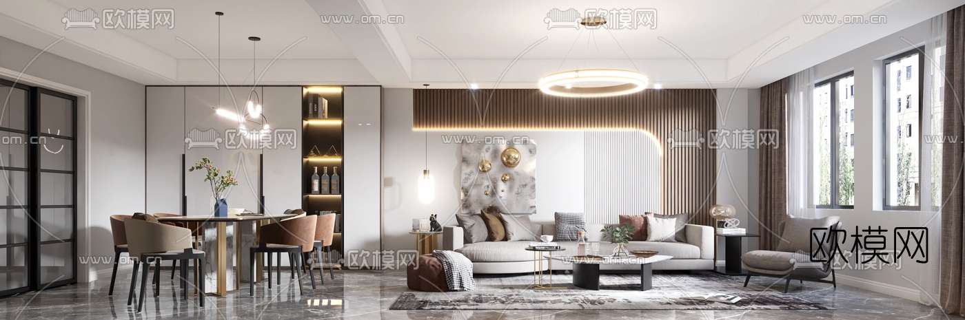 现代轻奢客厅餐厅3d模型