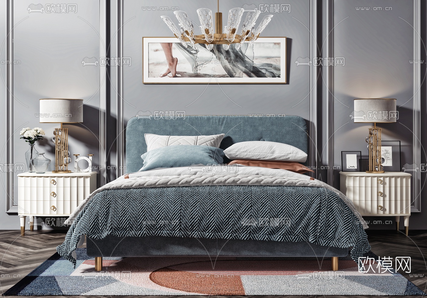 简欧布艺双人床3d模型下载