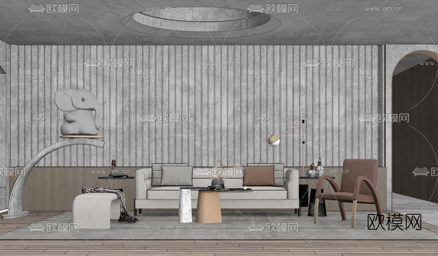 现代布艺沙发组合su模型下载（渲染图2）