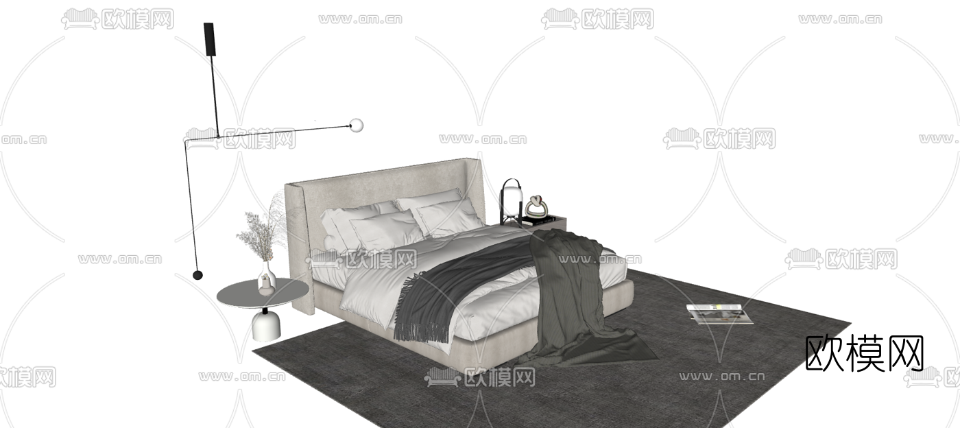 北欧布艺双人床su模型下载（渲染图2）