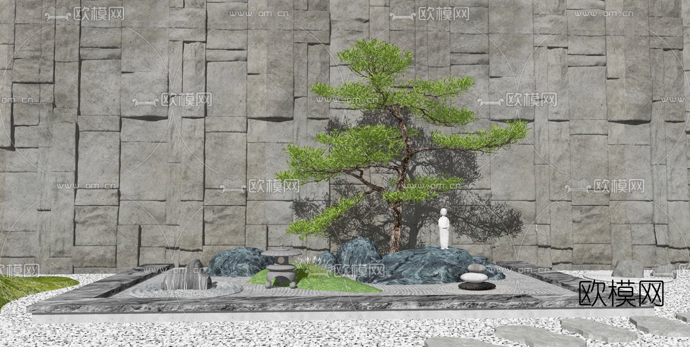 新中式假山松树景观小品su模型