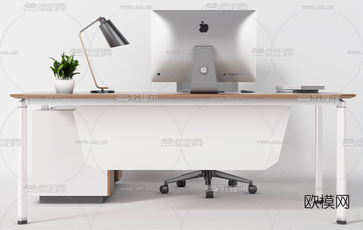 现代班台桌办公桌椅3d模型下载（渲染图4）