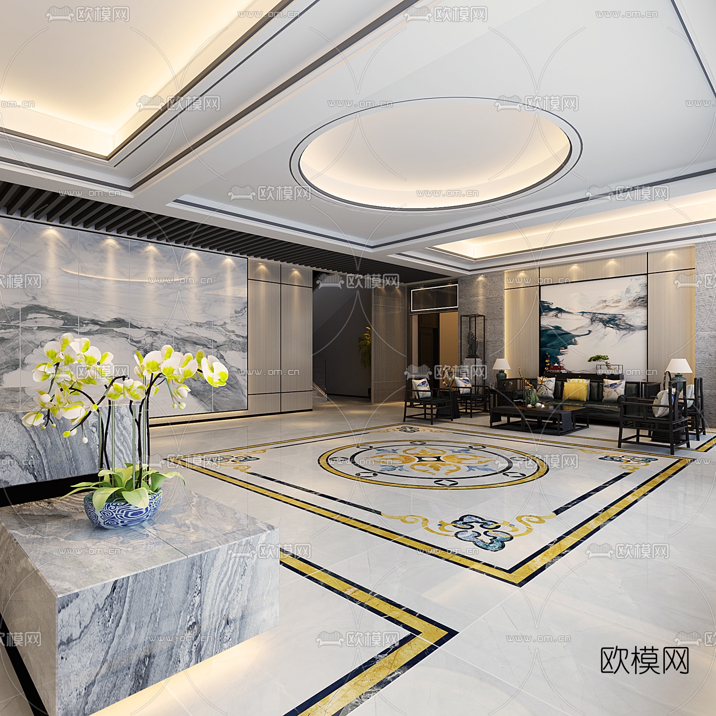 新中式办公大堂前台免费3d模型