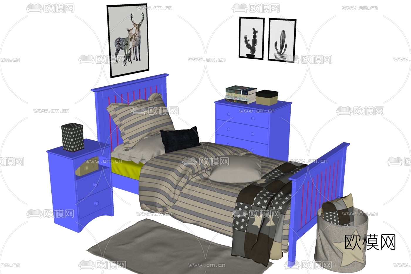 现代布艺单人床su模型下载