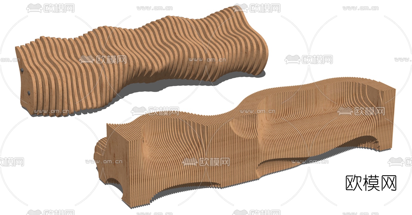 现代异形木条公用椅su模型下载（渲染图1）