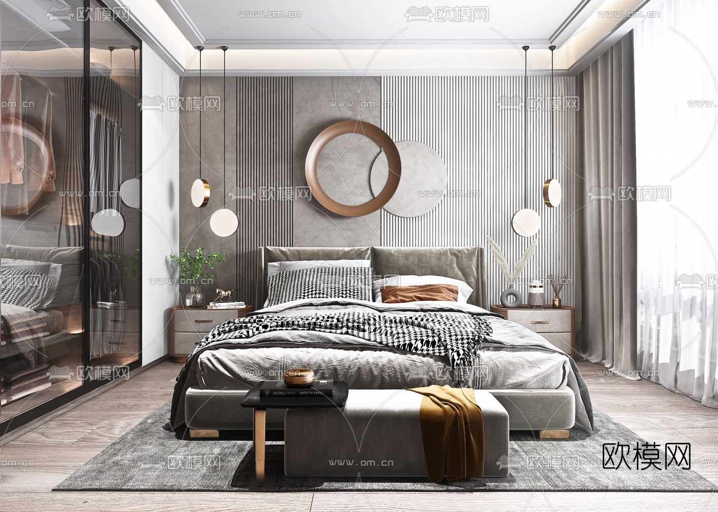 现代轻奢卧室主卧3d模型-免费3dmax模型库-欧模网