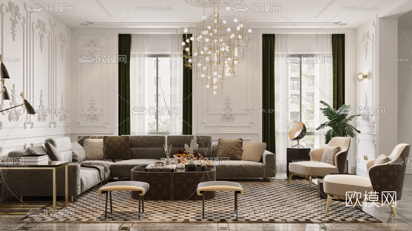 简欧布艺转角沙发组合3d模型下载