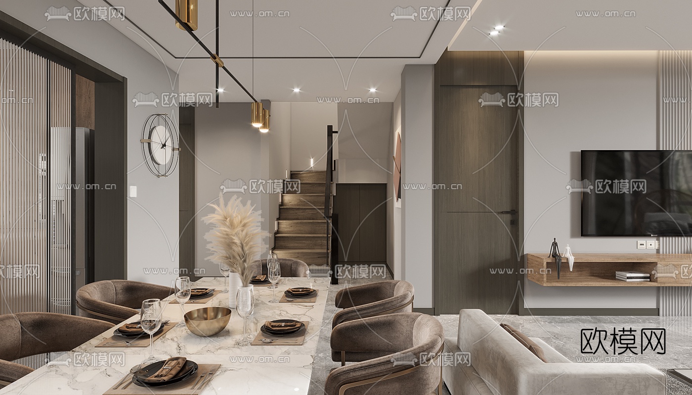 现代轻奢复式客厅餐厅3d模型下载（渲染图5）