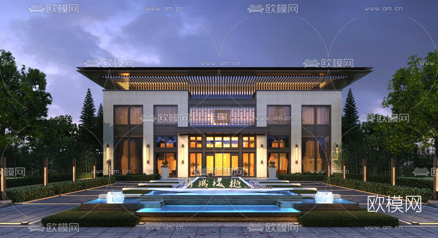 新中式售楼处外观夜景3d模型