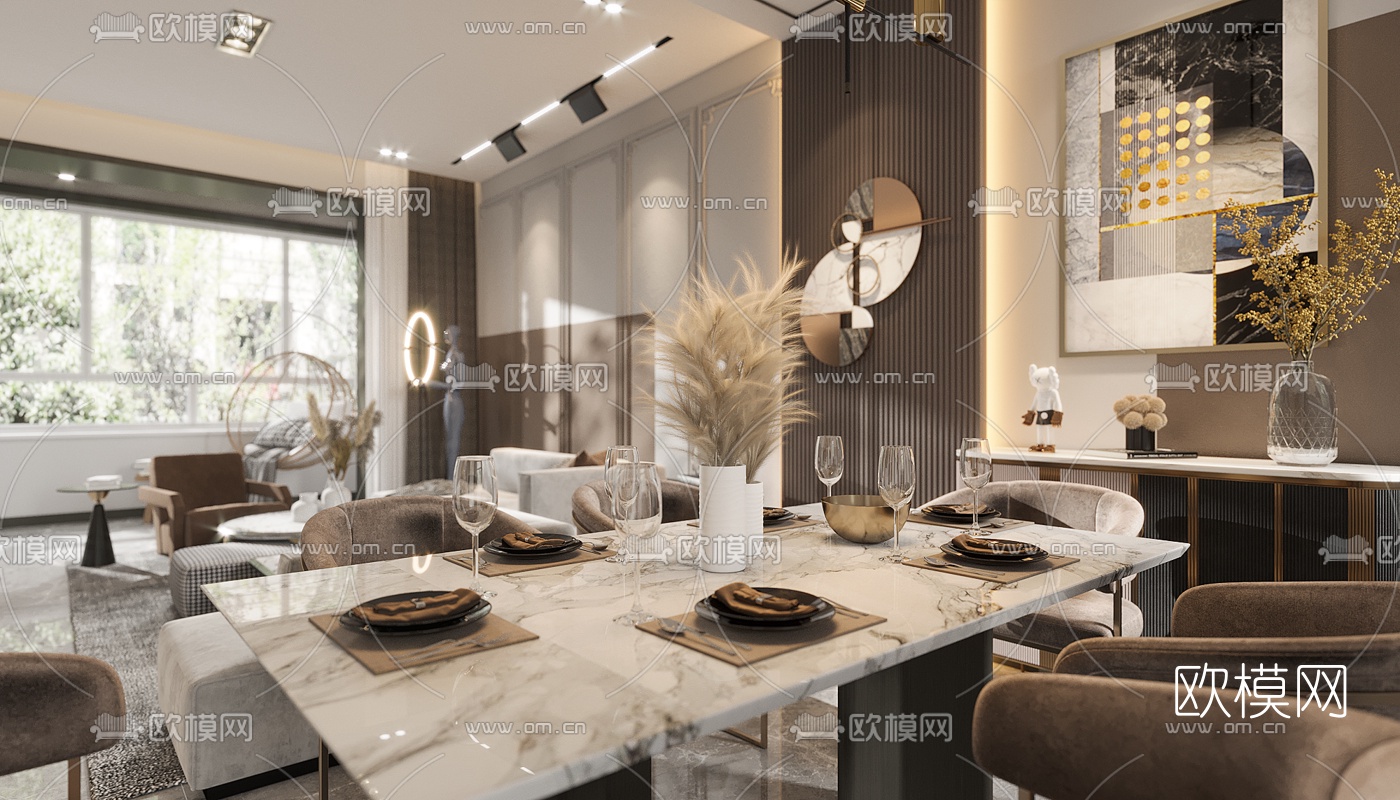 现代轻奢复式客厅餐厅3d模型下载（渲染图9）