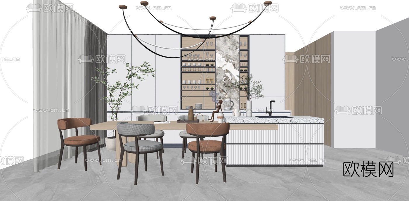 现代中岛台餐桌椅su模型下载