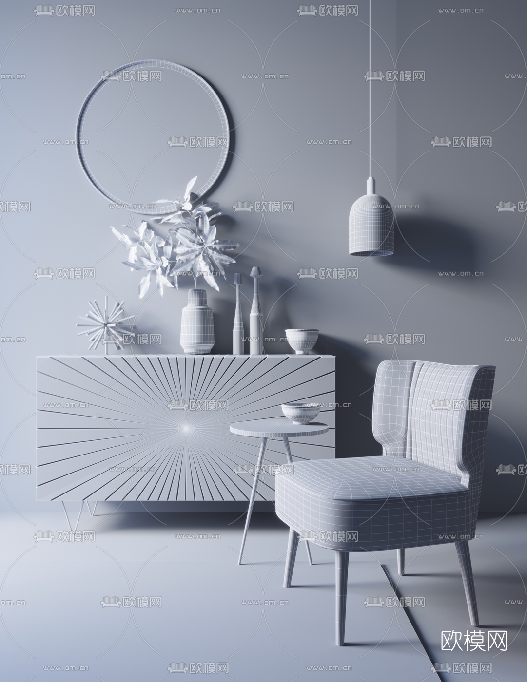 北欧单椅边柜3d模型下载（渲染图2）