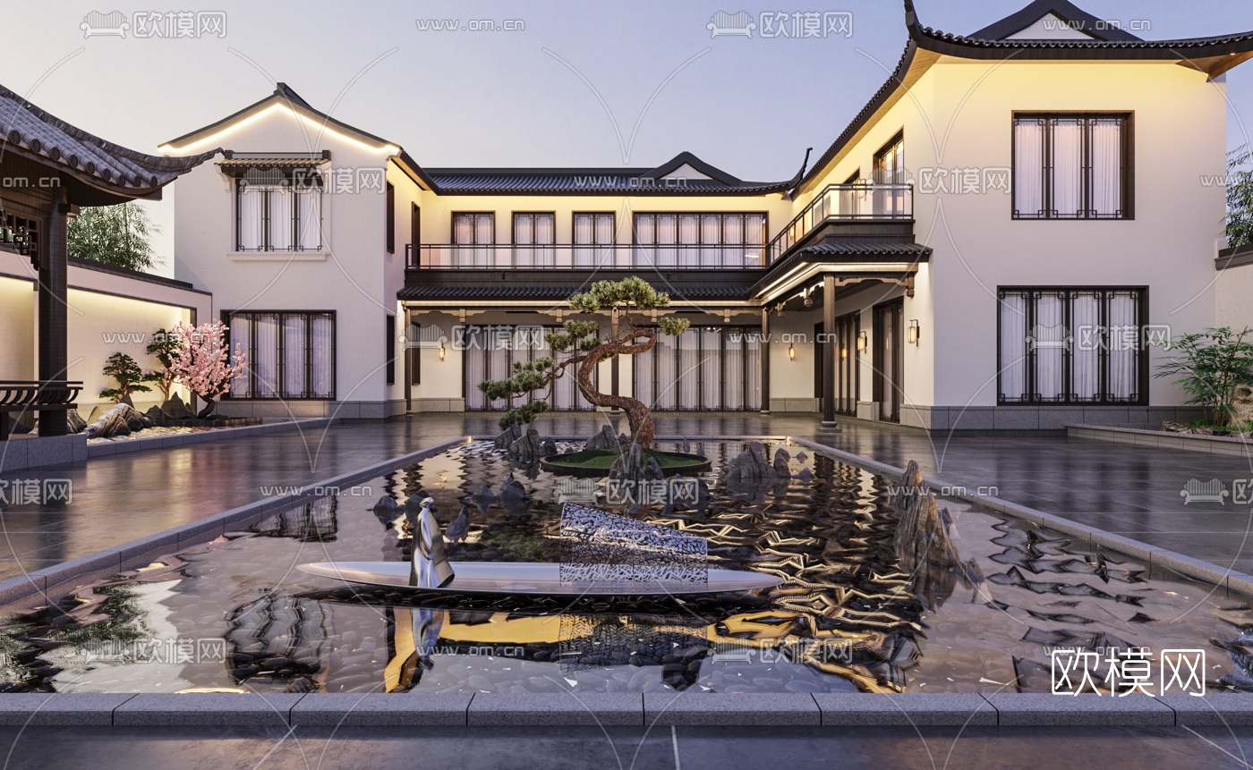 新中式别墅庭院3d模型