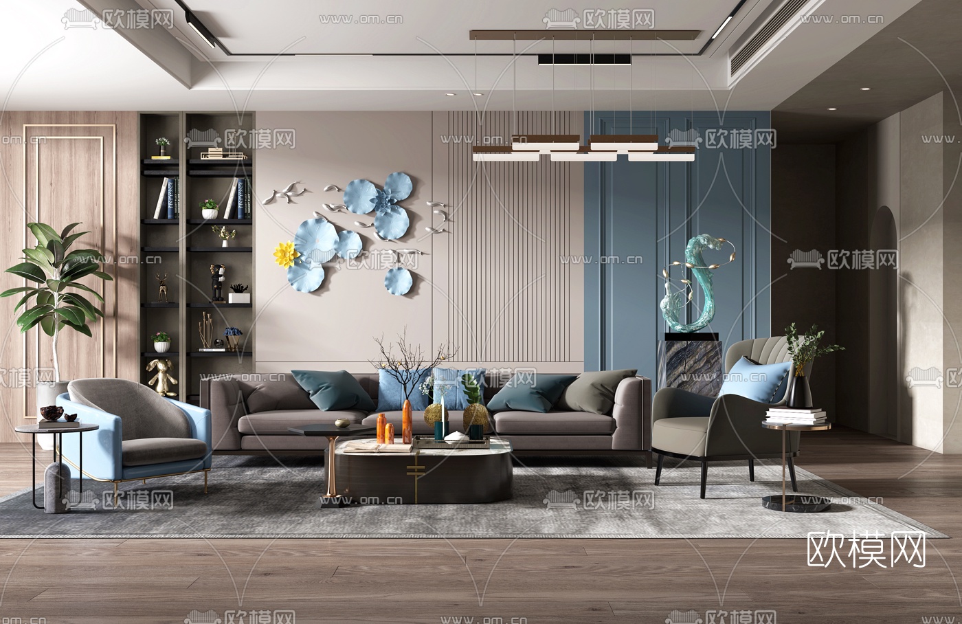 现代布艺沙发组合3d模型-免费3dmax模型库-欧模网